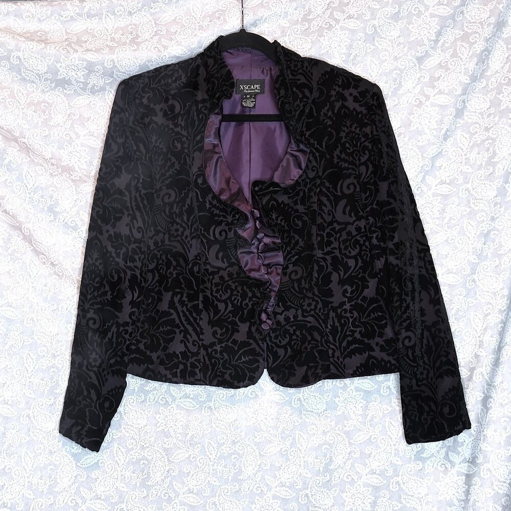 Gorgeous Vintage brocade plum velvet formal jacket with ruffle & little buttons